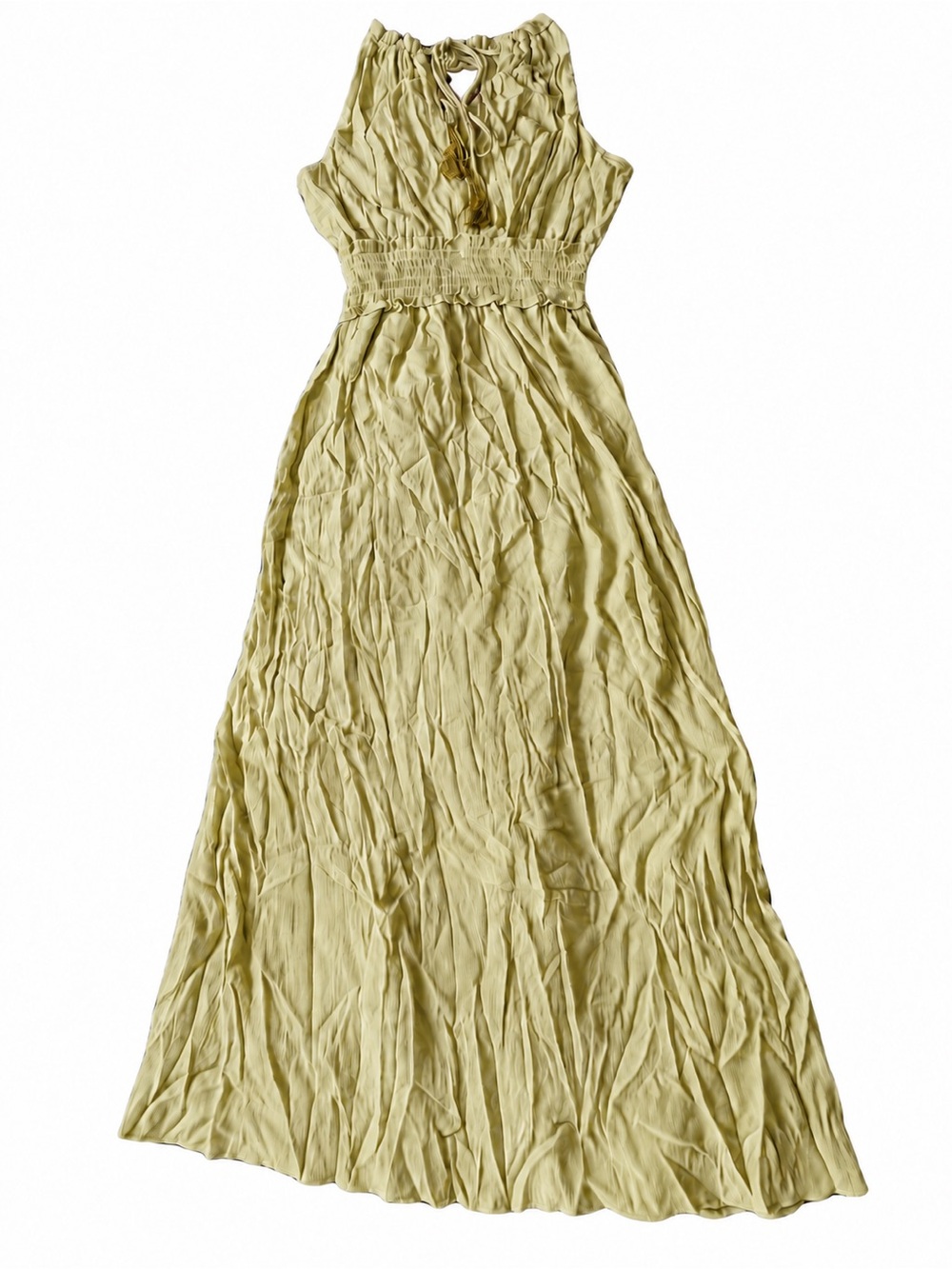 Taylor Pale Greenish Ochre Crinkle Maxi Dress XS Smocked Waist Tassel Tie Lined
